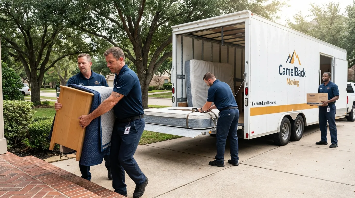 Crew loading residential truck for cross-state move from Boscobel, WI