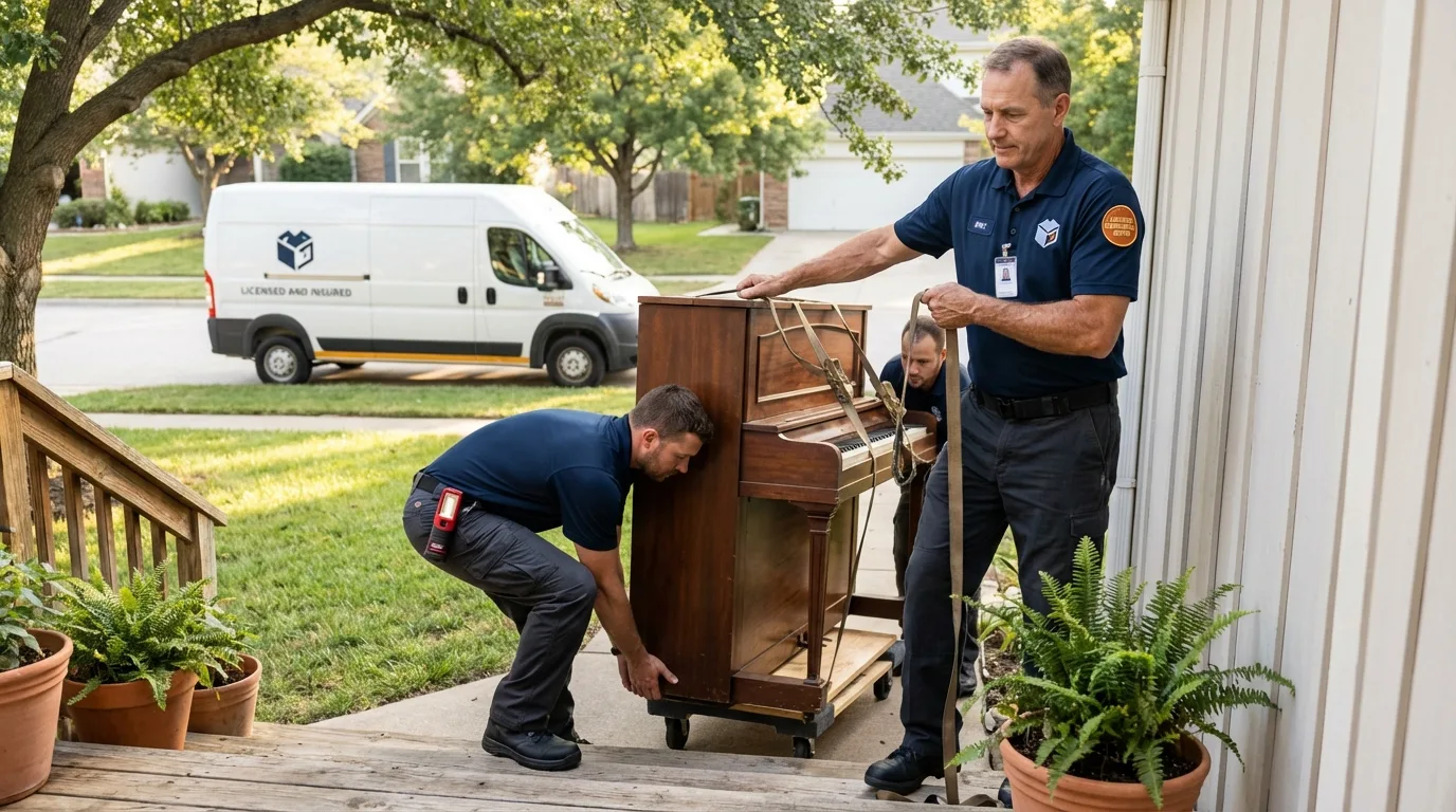 Licensed piano movers securing grand piano in Boscobel, WI