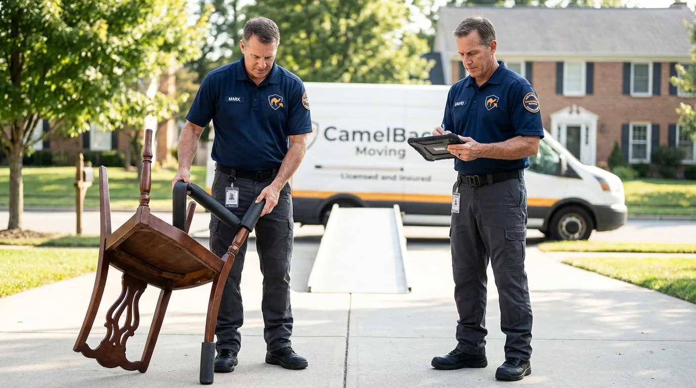 Movers inspecting furniture for damage prevention before loading in Boscobel, WI