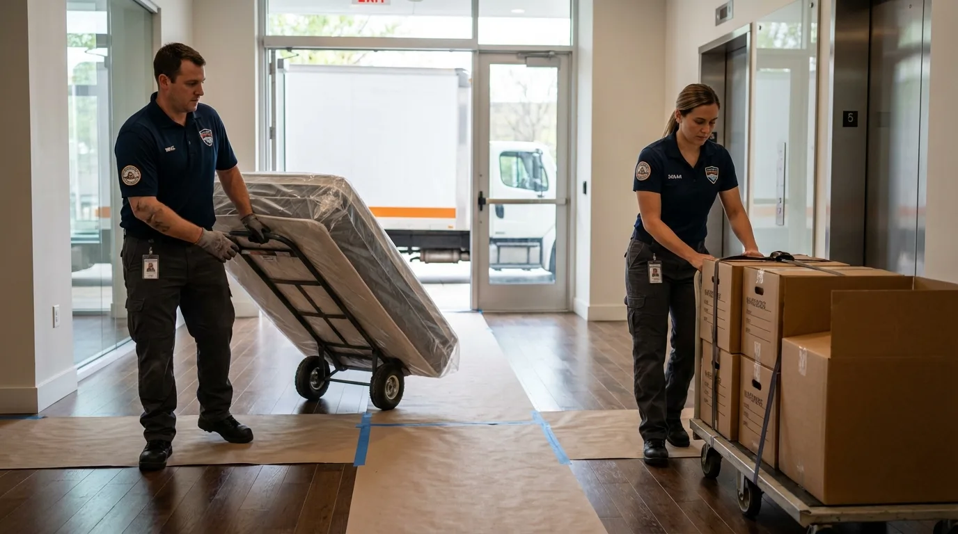 Professional apartment movers loading elevator in Boscobel, WI