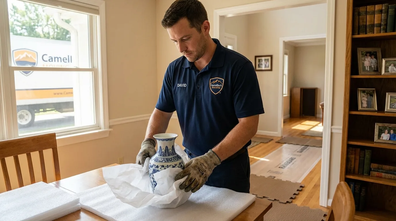 Professional crew carefully wrapping antique vase for senior downsizing move in Boscobel, WI